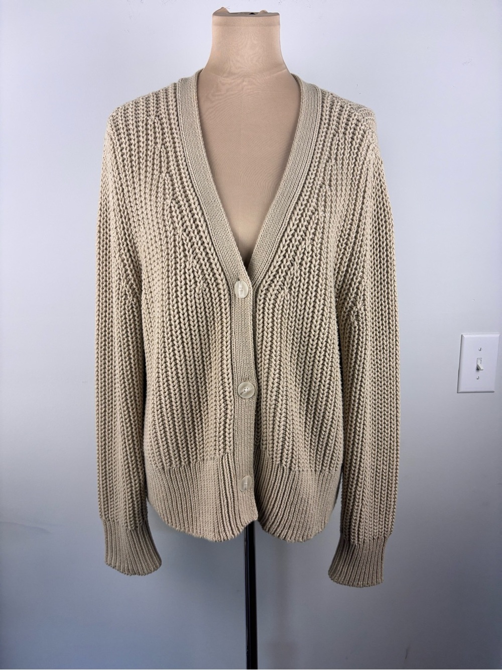 Haven Well Within Womens XL Tan V-Neck Chunky Knit Sweater Cardigan  Fisherman